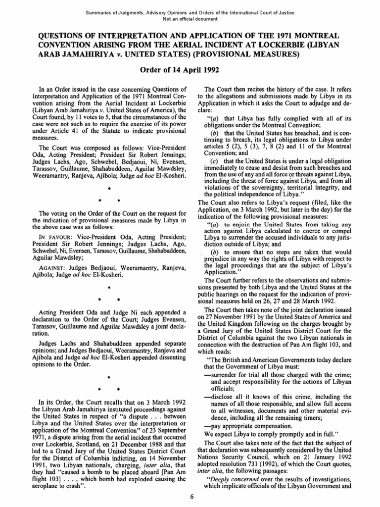 1992 Lockerbie Case Summary PDF United Nations Security Council