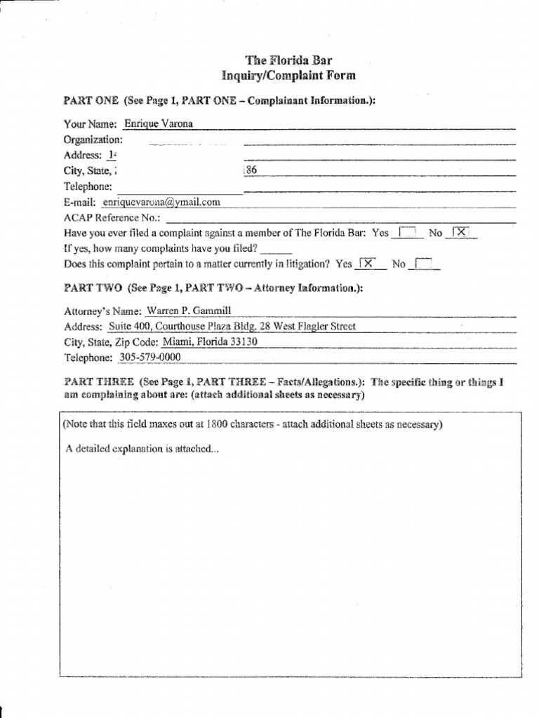 Florida Bar Complaint Against Corrupt Attorney Warren P.Gammill, P.A. PDF