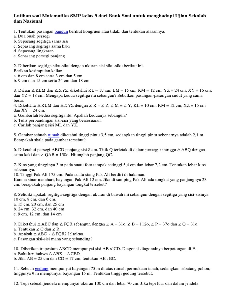 Latihan Soal Matematika SMP Kelas 9