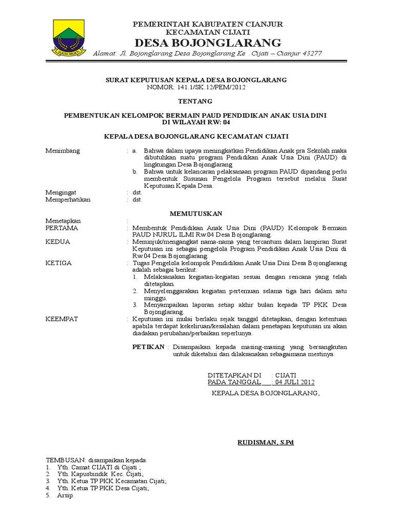 Contoh Surat Keputusan Kepala Desa