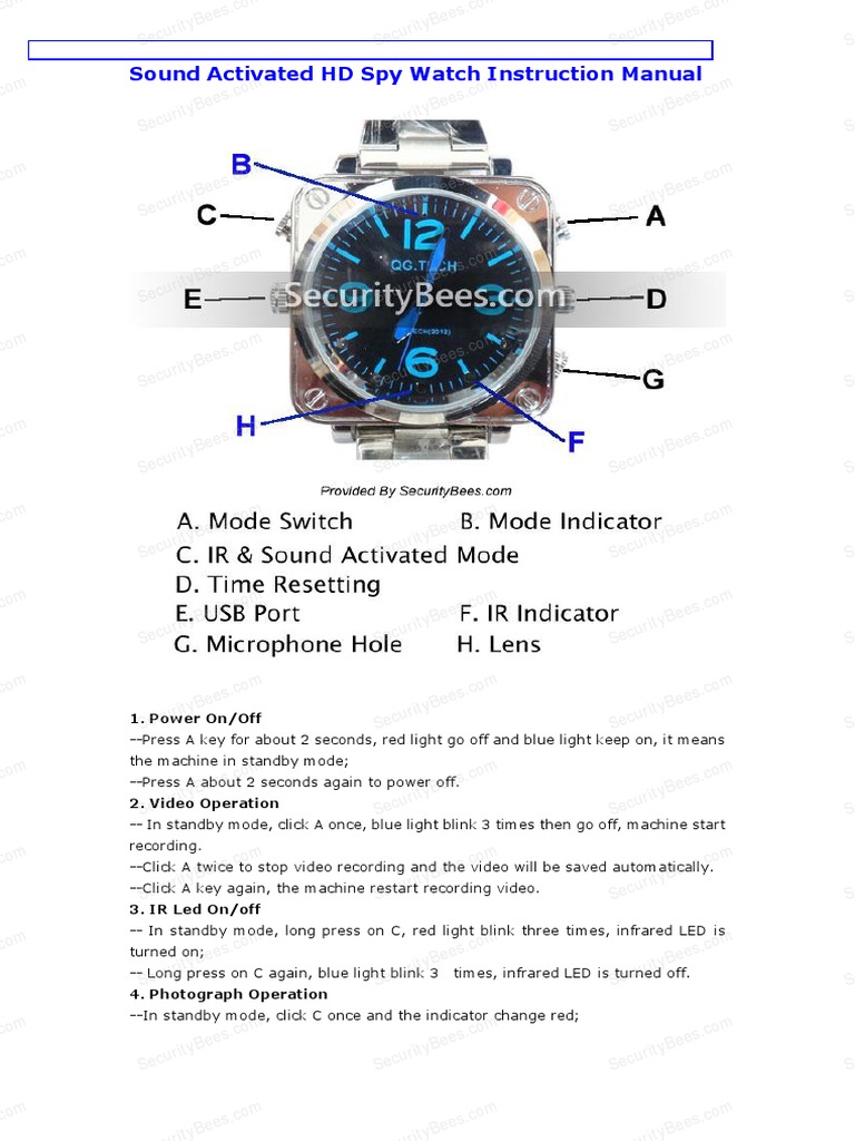 Sound Activated HD Spy Watch Instruction Manual Manufactured Goods