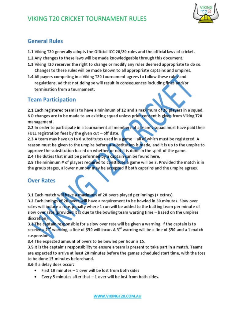 Viking T20 Cricket Tournament Rules | PDF | Cricket | Bowling (Cricket)