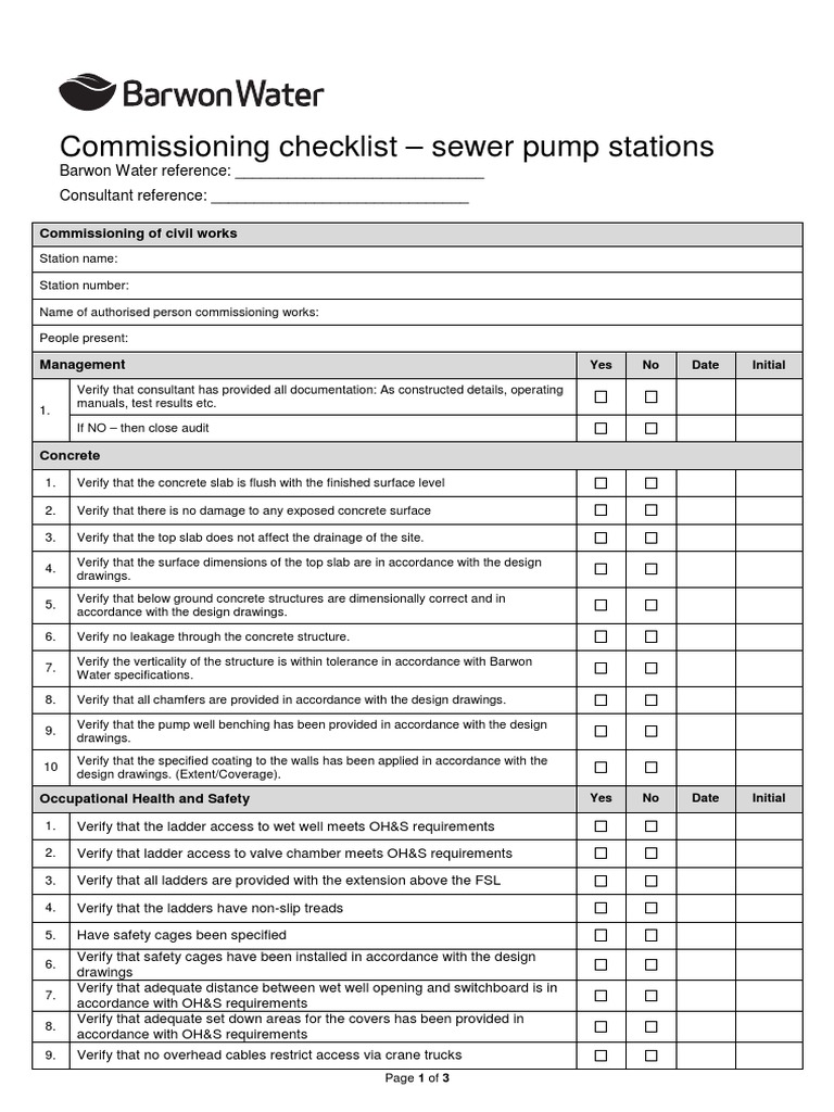 Commissioning Checklist for Sewerage Pumping Stations Pipe (Fluid