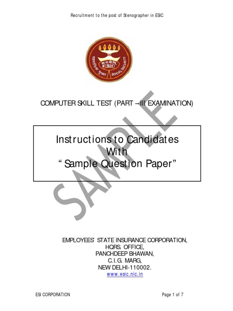ESIC Stenographer Computer Skill Test | PDF | Test (Assessment) | Typefaces