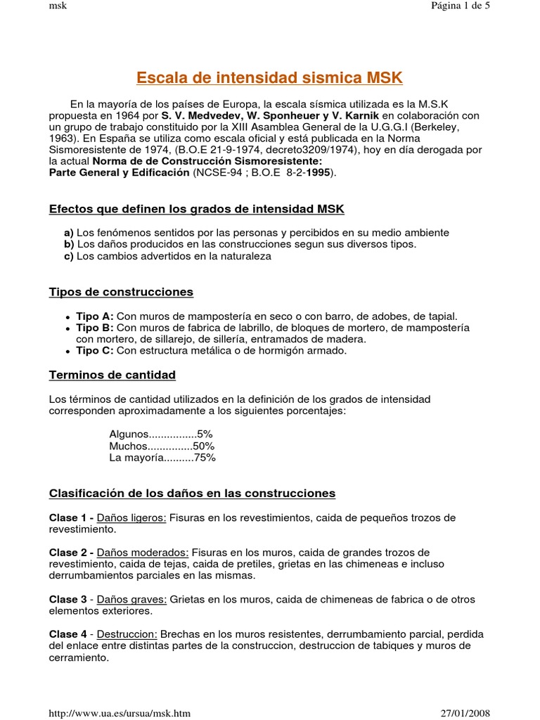 Escala de Intensidad Sísmica MSK | PDF | Temblores | Naturaleza
