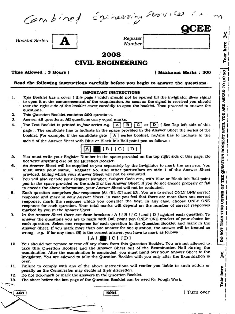 QCEE Civil engineering past exam paper 2008