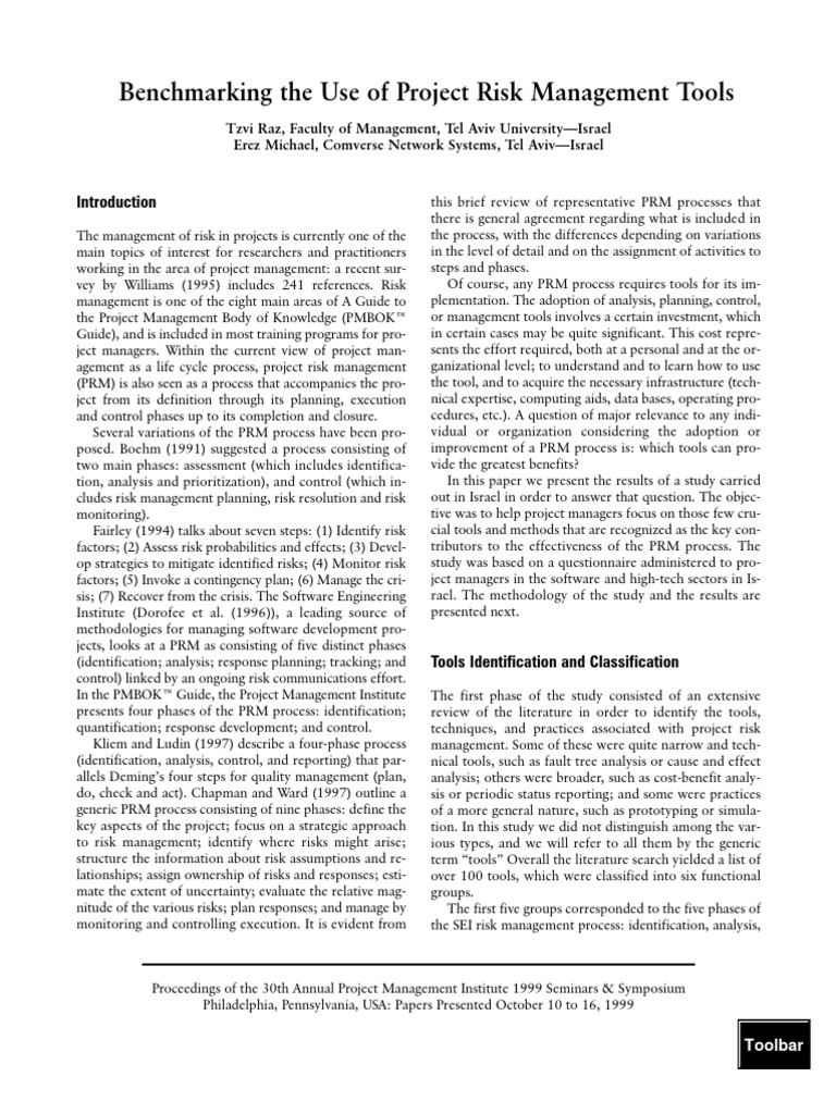 (Article) Bench Marking The Use of Project Risk Management Tools | PDF ...