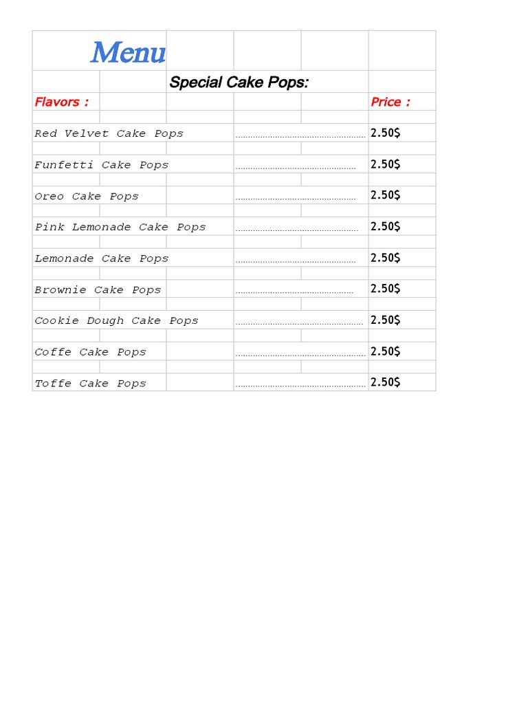 Cake Pops Menu for Sweet Lovers | PDF