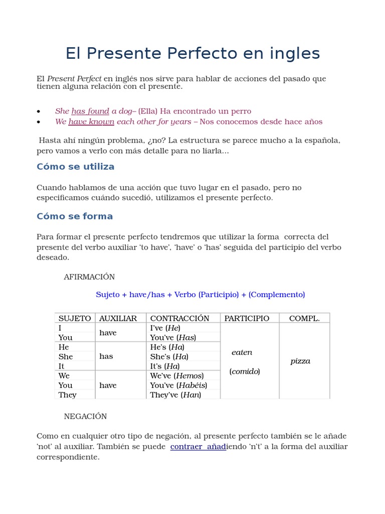 Guía del Presente Perfecto en Inglés | PDF | Verbo | Asunto (gramática)