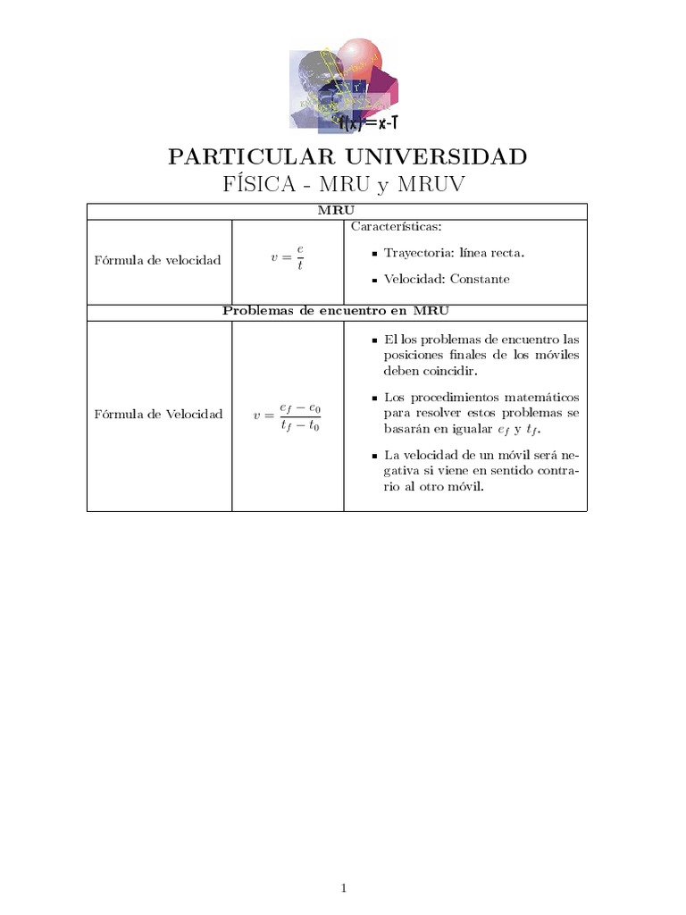 Fórmulas de MRU y MRUV en Física | PDF | Métodos y materiales de ...