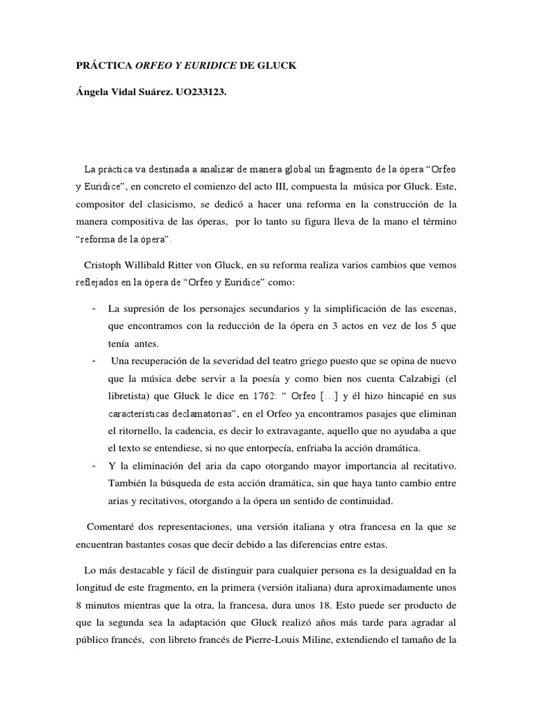 Comentario Texto Orfeo Y Euridice De Gluck Opera Composiciones