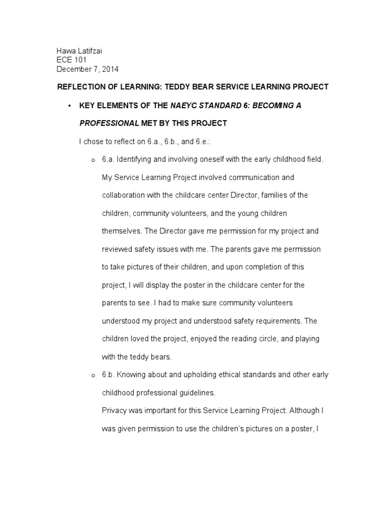 Teddy Bear Service Learning Reflection | PDF | Early Childhood ...
