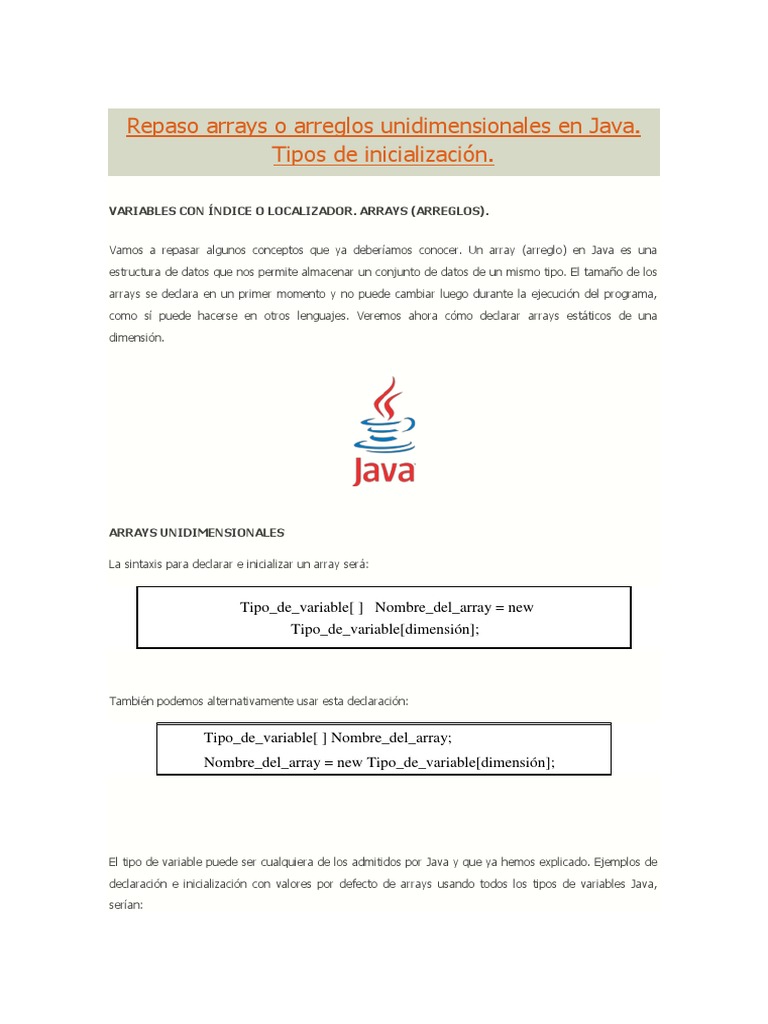 Repaso Arrays o Arreglos Unidimensionales en Java PDF | PDF