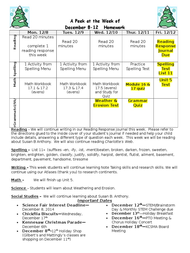 Weekly Homework and Events Overview | PDF | Science | Learning
