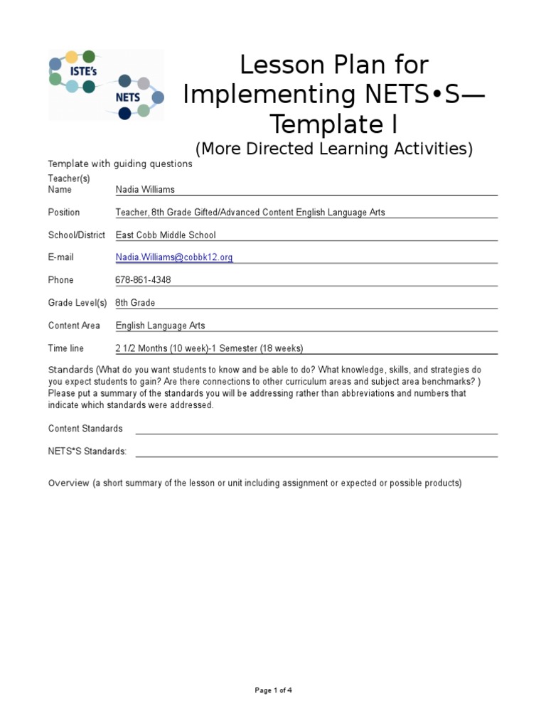 8th Grade NETS•S Lesson Plan Template | PDF | Question | Lesson Plan
