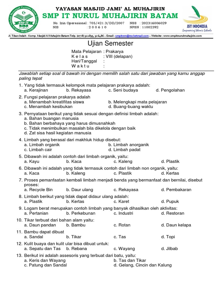 Soal Prakarya Kelas 9 Semester 1 Dan Kunci Jawaban - Temukan Jawab