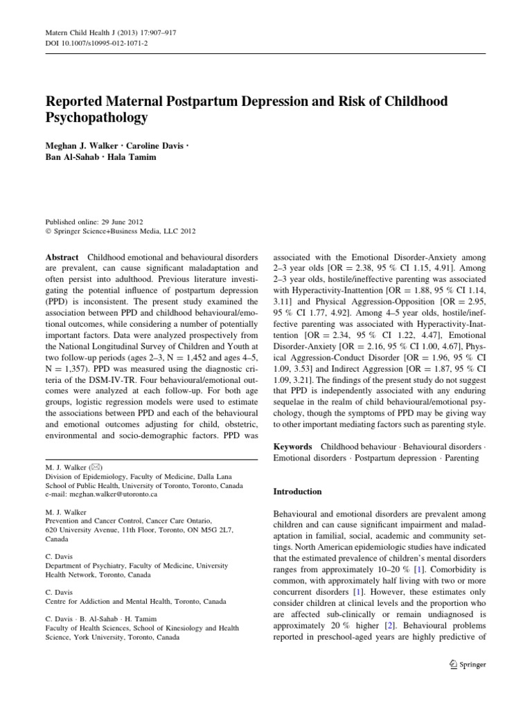 Maternal Postpartum Depression and Risk of Psychopathology | PDF | Self ...