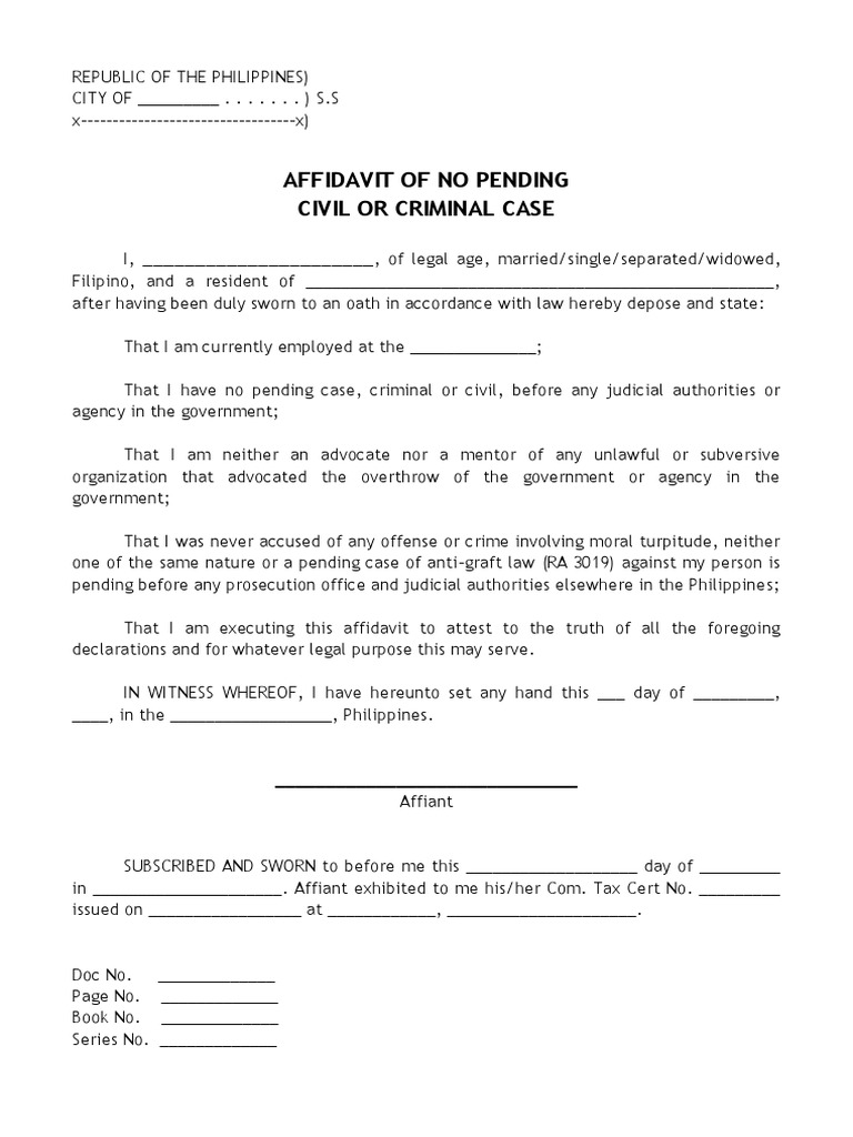 AFFIDAVIT OF NO PENDING CIVIL OR CRIMINAL CASE AFFIDAVIT OF NO PENDING CIVIL OR CRIMINAL CASE