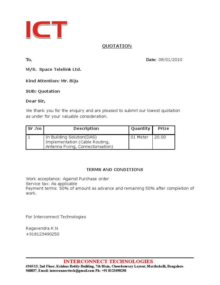 ICT Quotation for Space Telelink | PDF