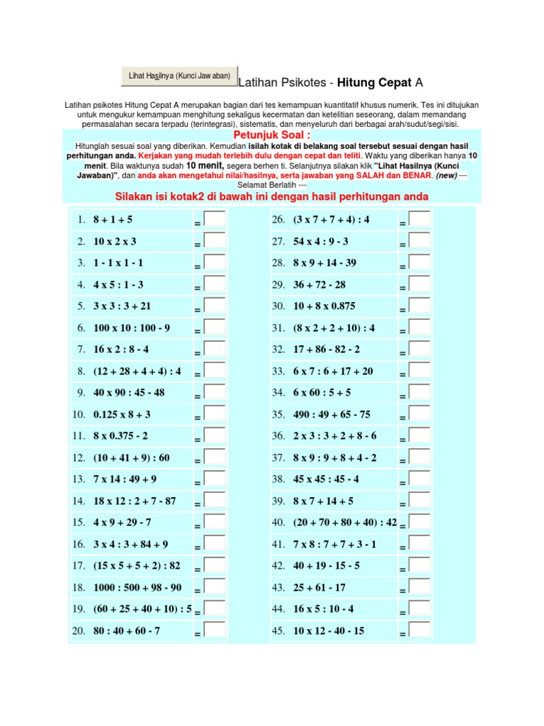Latihan Psikotes Hitung Cepat 1