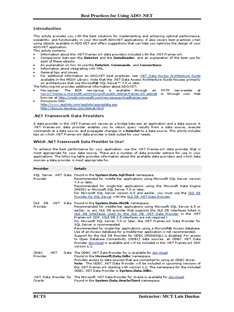 ADO NET Mejores Practicas | PDF | Microsoft Sql Server | Xml Schema