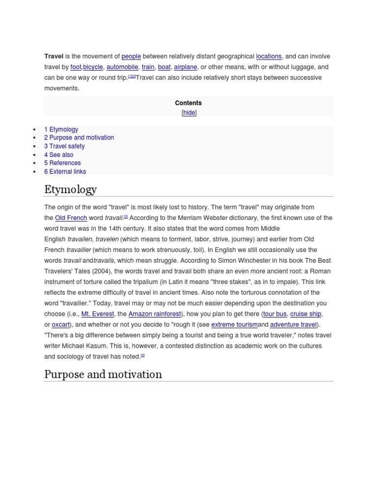 Etymology People Locations Foot Bicycle Automobile Train Boat Airplane