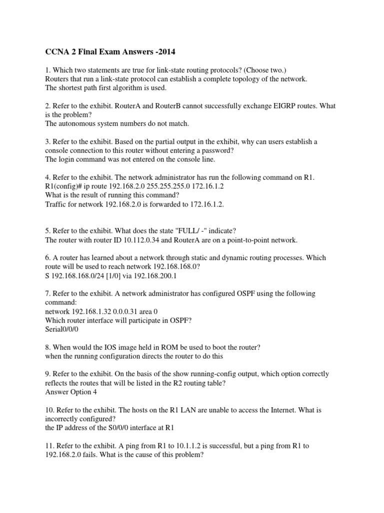 Ccna 2 Answers Final Exam