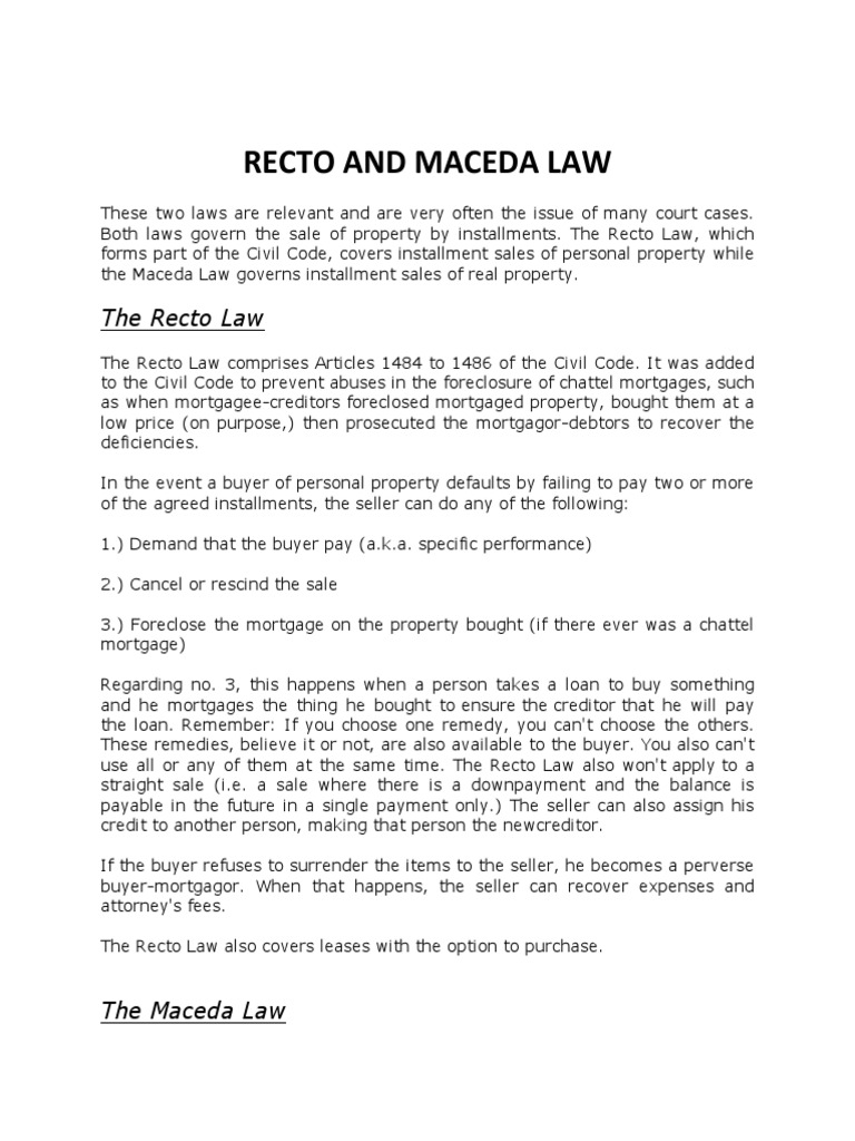 Recto & Maceda Law Foreclosure Mortgage Loan