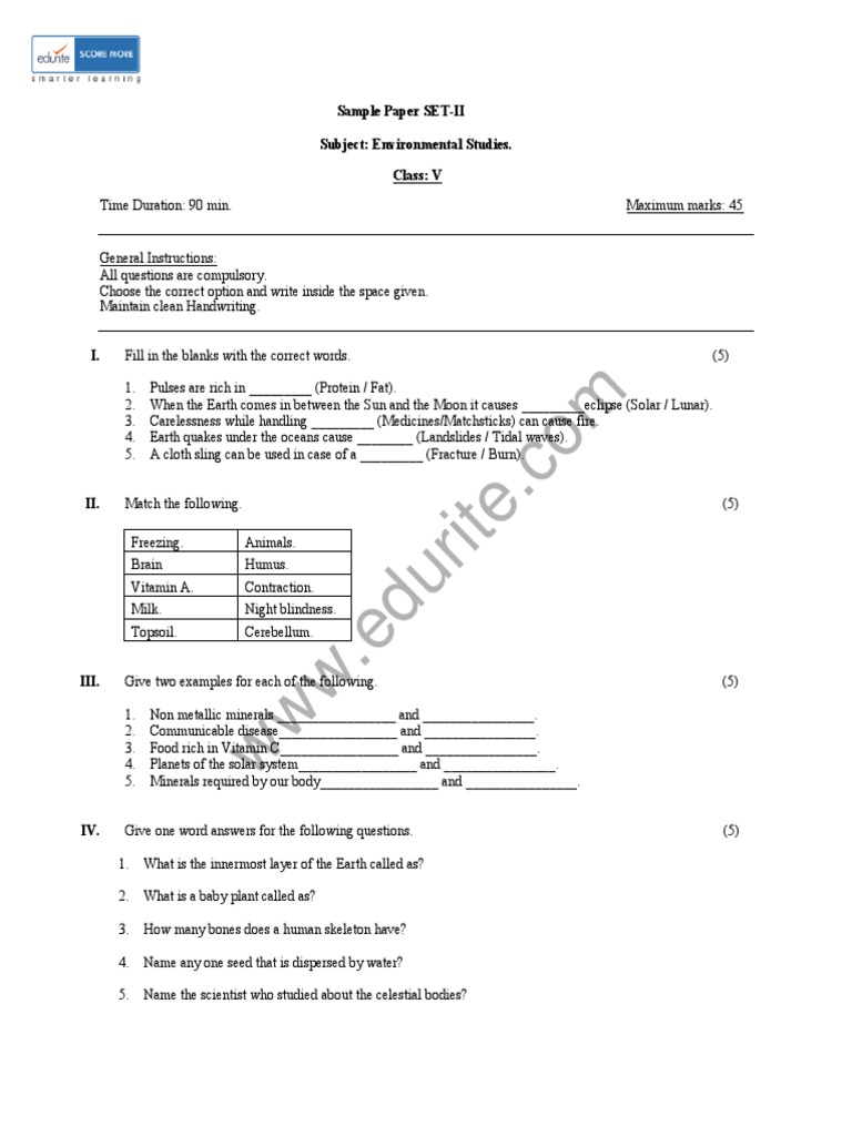 Class 5 ICSE EVS Sample Paper Set 2