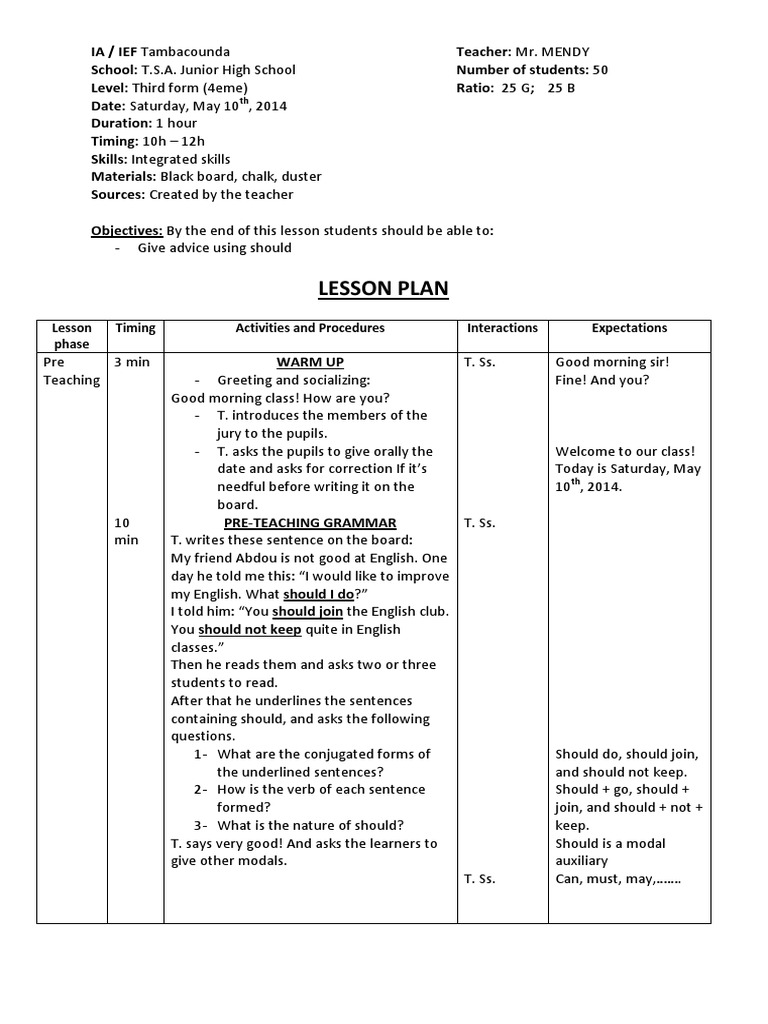 Lesson Plan Should Lesson Plan English Language
