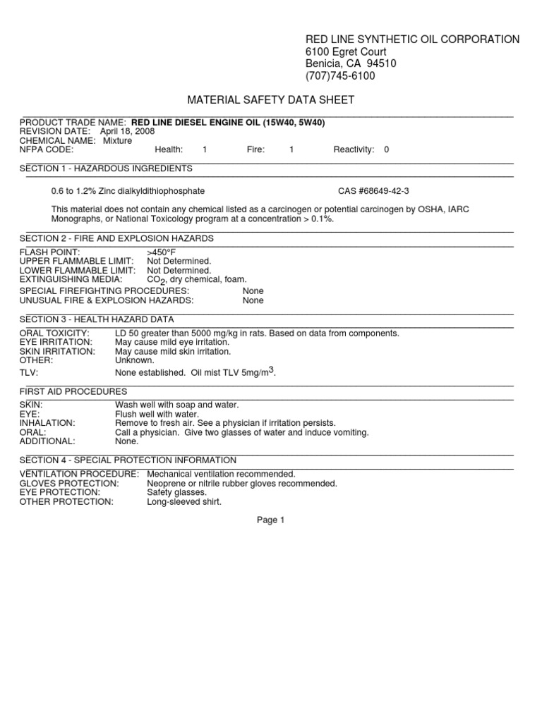Red Line Diesel Engine Oil Msds Chemical Substances Chemistry