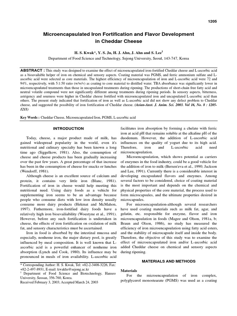 Microencapsulated Iron Fortification and Flavor Development in Cheddar ...