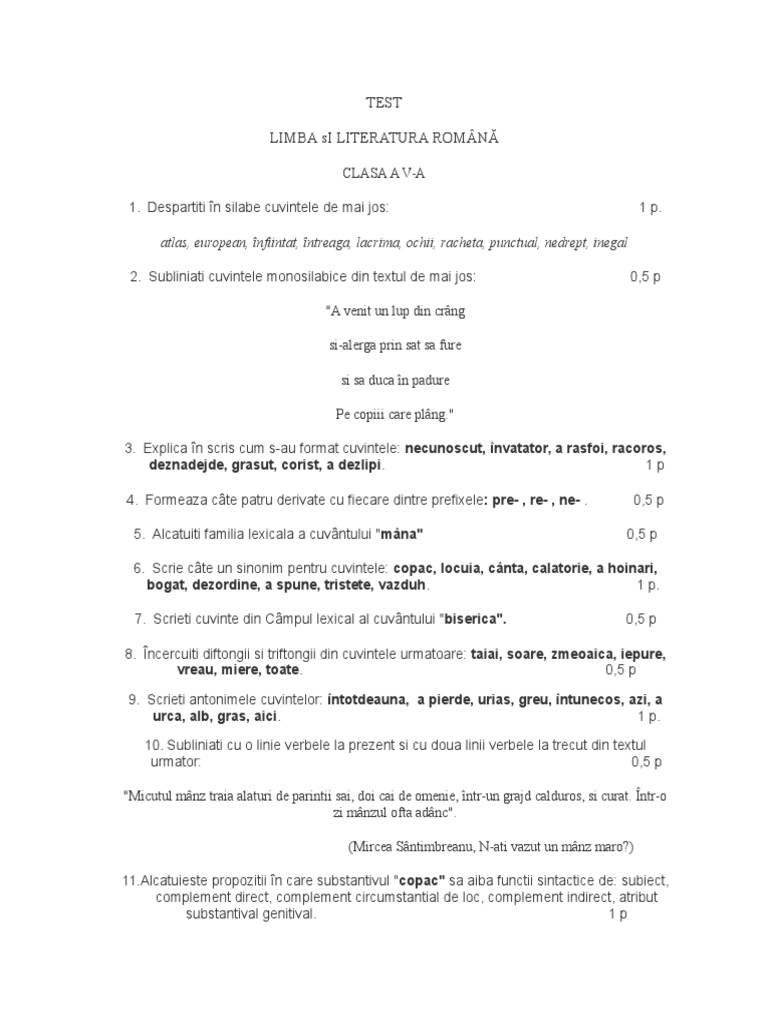 Teza La Romana Clasa 5 Semestrul I