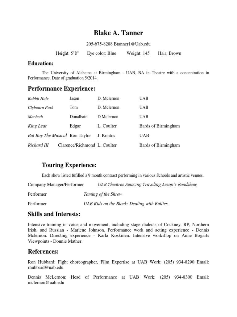 Birmingham Actor Blake Tanner Resume | PDF