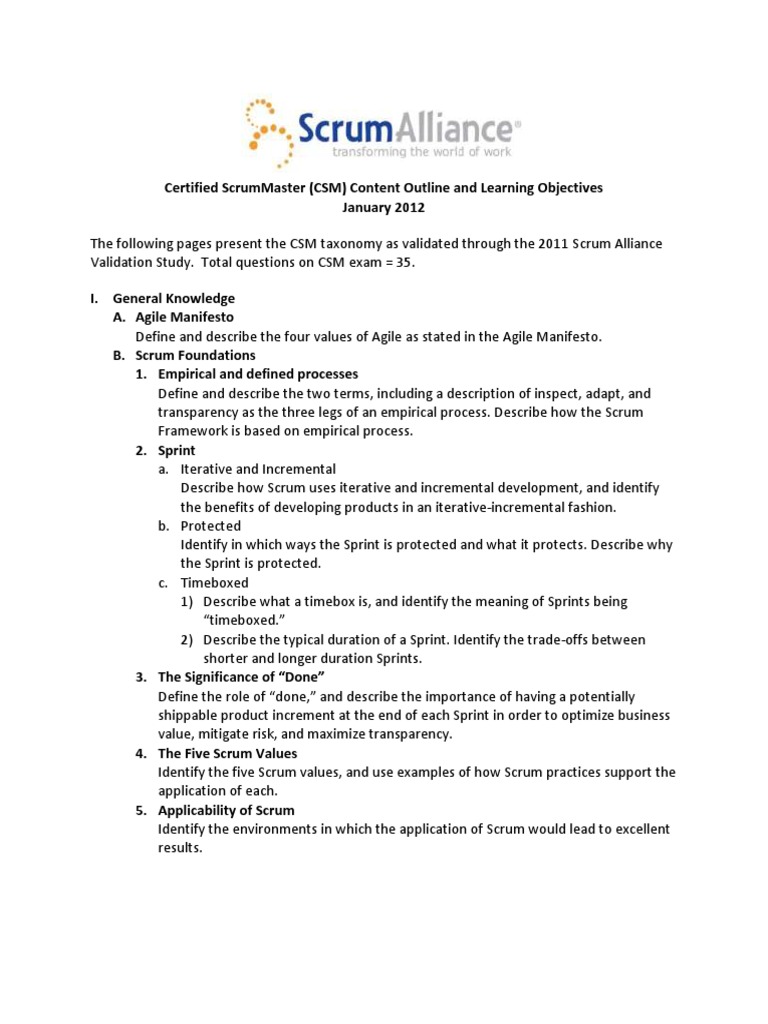 CSM Exam Content and Learning Objectives | PDF | Scrum (Software ...