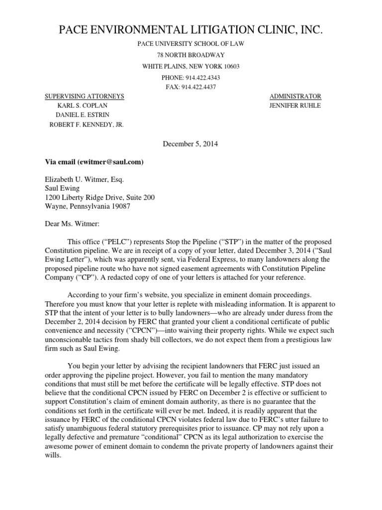 Pace Litigation Clinic Letter To Saul Ewing Re Threats To Landowners ...