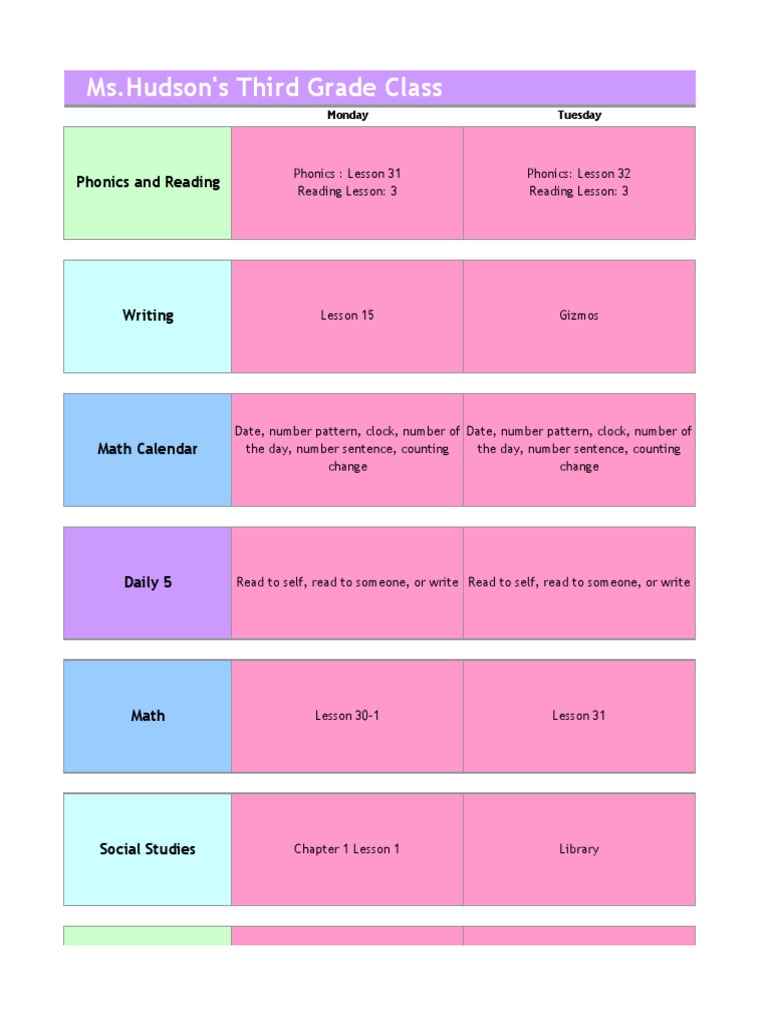 Third Grade Weekly Lesson Plan | PDF | Language Arts & Discipline