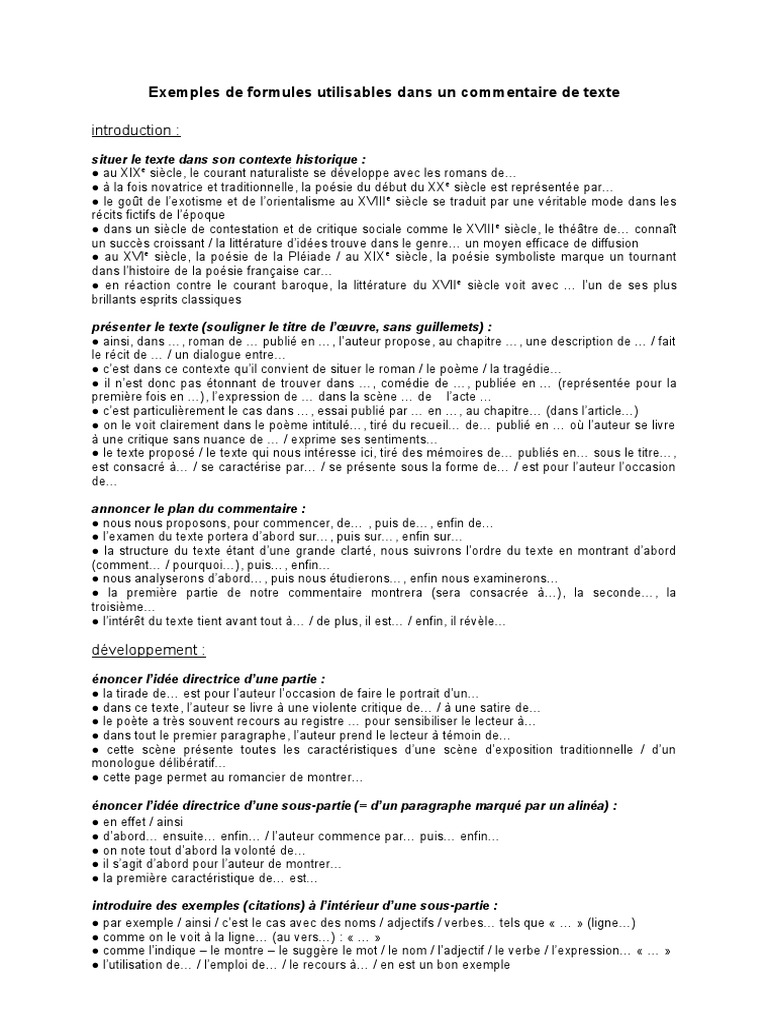 Exemple Dun Commentaire De Texte  Texte Préféré