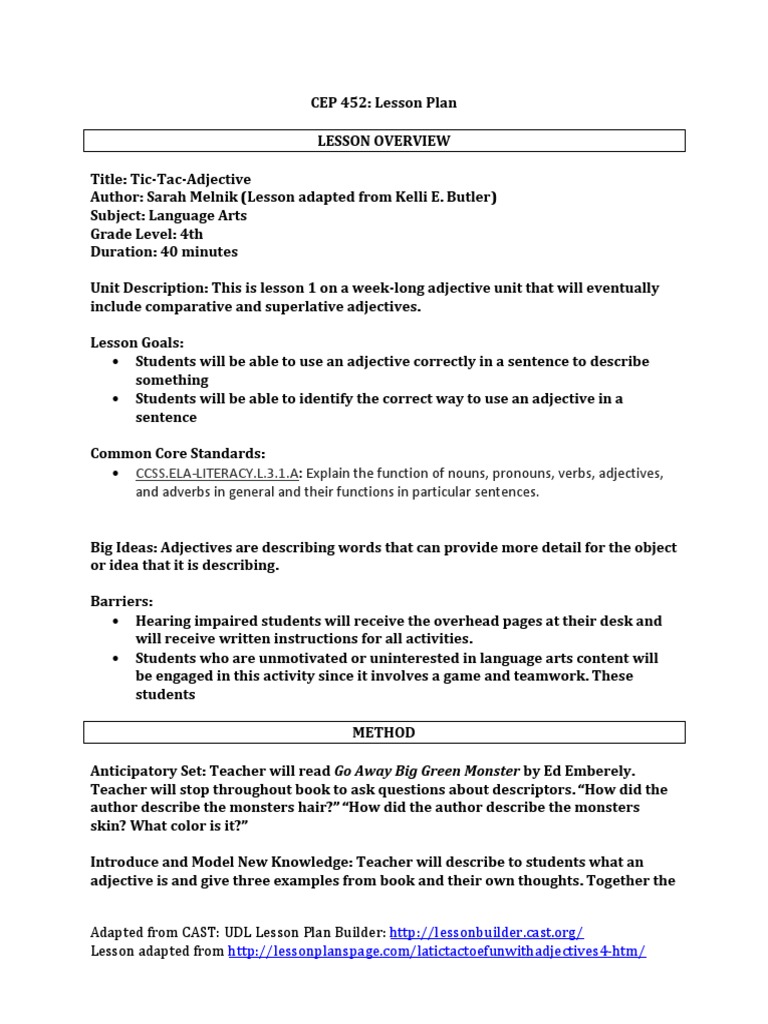 Language Arts Lesson Plan Adjective Lesson Plan