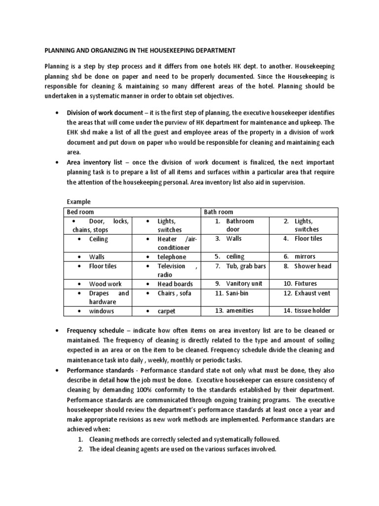 Planning and Organizing in The Housekeeping Department Human
