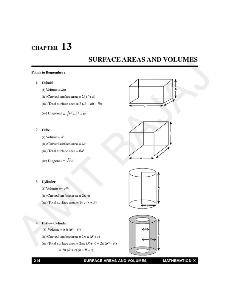 Surface Areas and Volumes Formulas | PDF | Sphere | Surface Area