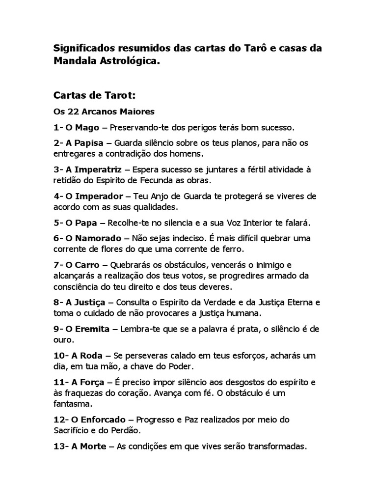 Significados Resumidos Das Cartas Do Tarô e Casas Da 