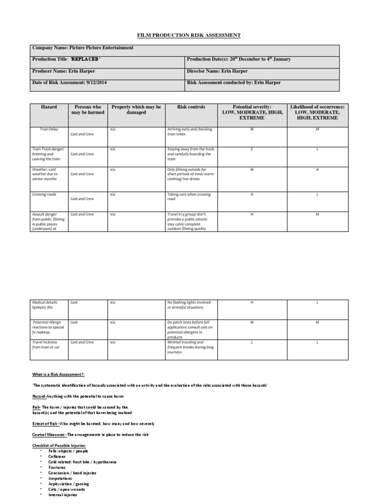 Film Production Risk Assessment Guide | PDF