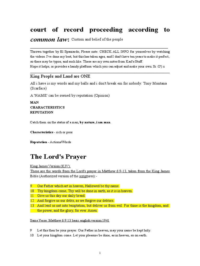 Court of Record Notes PDF Jury Trial Lord's Prayer