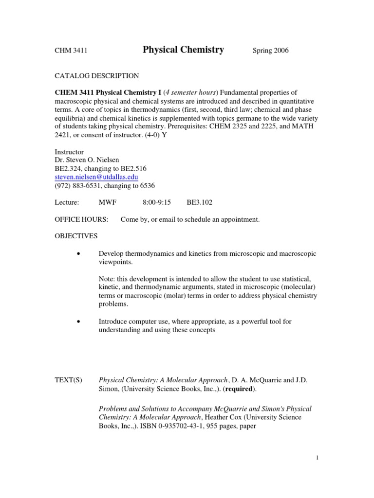 UT Dallas Syllabus for chem3411.101 06s taught by Steven Nielsen  (son051000) | Chemical Kinetics | Academic Dishonesty