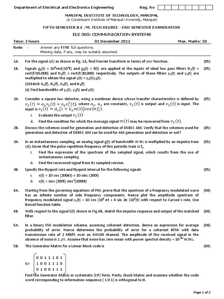 Communication Systems Exam Paper | PDF | Spectral Density | Frequency ...