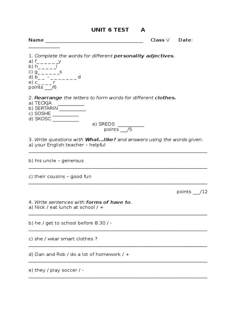 Unit 6 Test A Name Class V Date