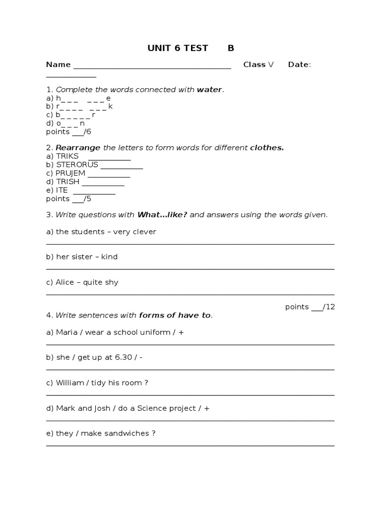 Test Angielski Klasa 6 Unit 2 UNIT 6 TEST B