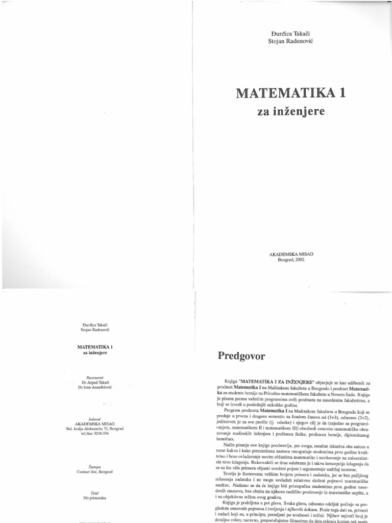 Matematika 1 Za Inzenjere - Knjiga Prof. DR S. Radenovica | PDF