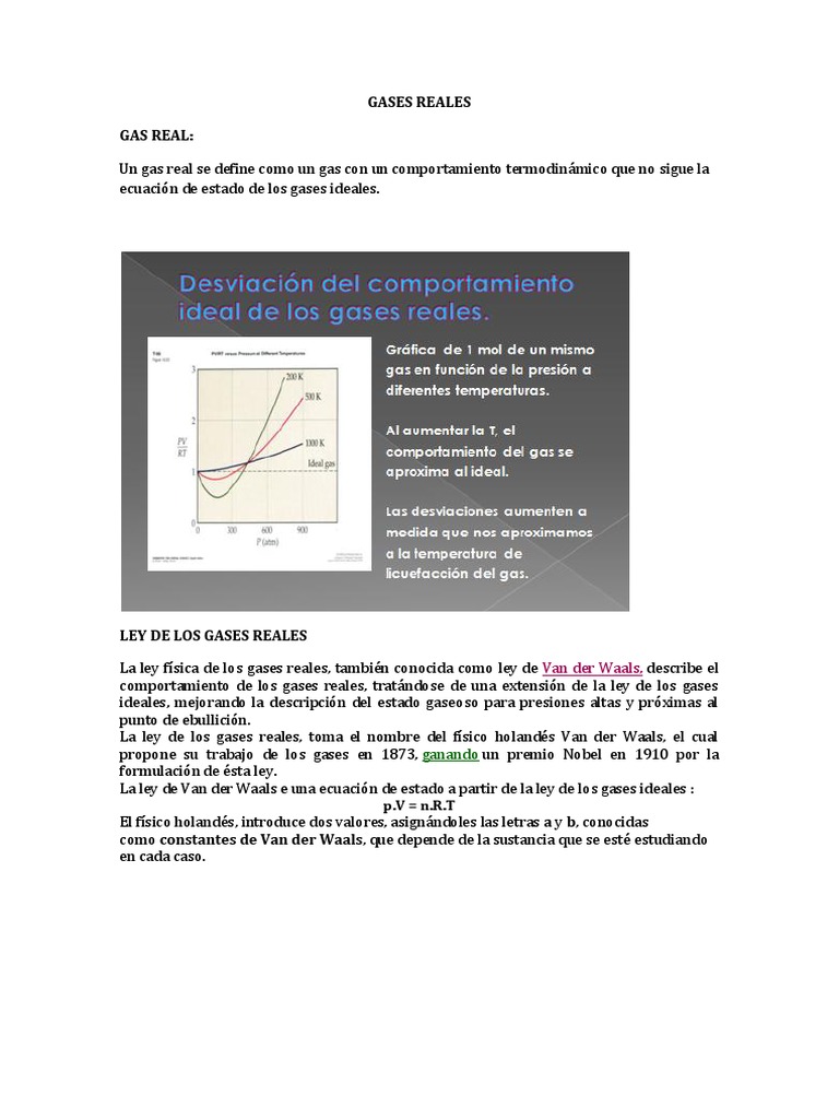 Ley de Gases Reales y Van der Waals | PDF | Gases | Mecánica estadística